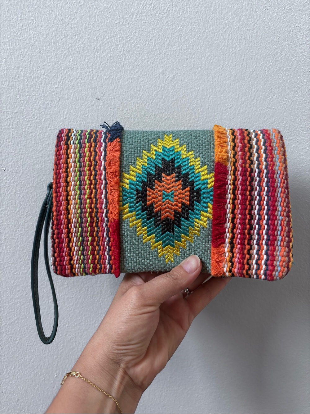 American Bling Woven Geometric Wristlet / crossbody bag- Green, Orange & Teal